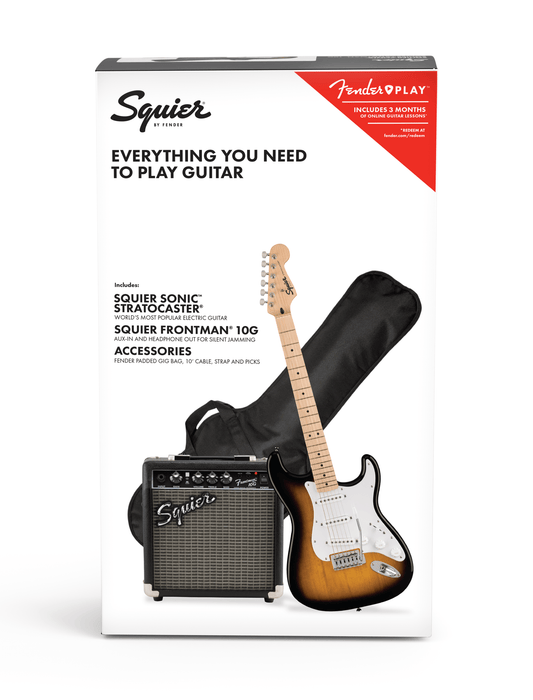 Squier Sonic Stratocaster Pack, Maple Fingerboard, 2-Color Sunburst, Gig Bag, 10G - 120V