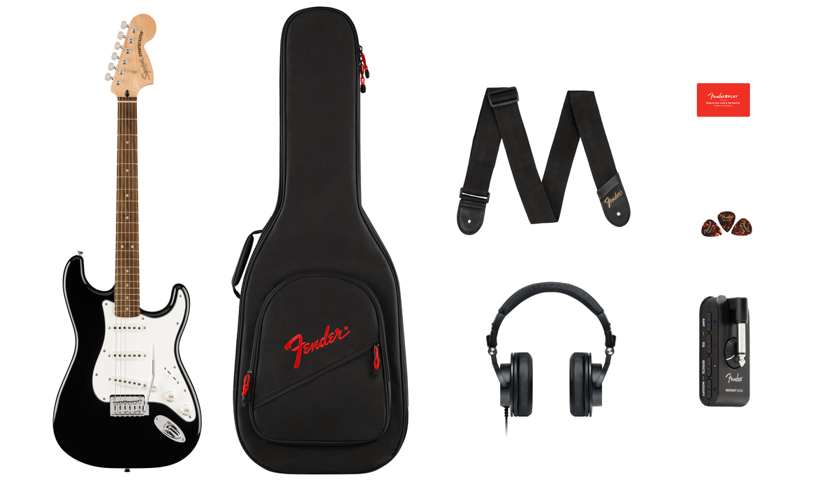 Squier - Affinity Series Stratocaster Mustang Micro Pack, Laurel Fingerboard, Black, Gig Bag, HD9