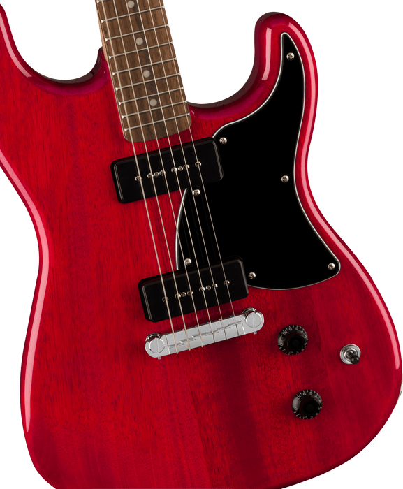 Squier - Paranormal Strat-O-Sonic, Laurel Fingerboard, Black Pickguard, Crimson Red Transparent