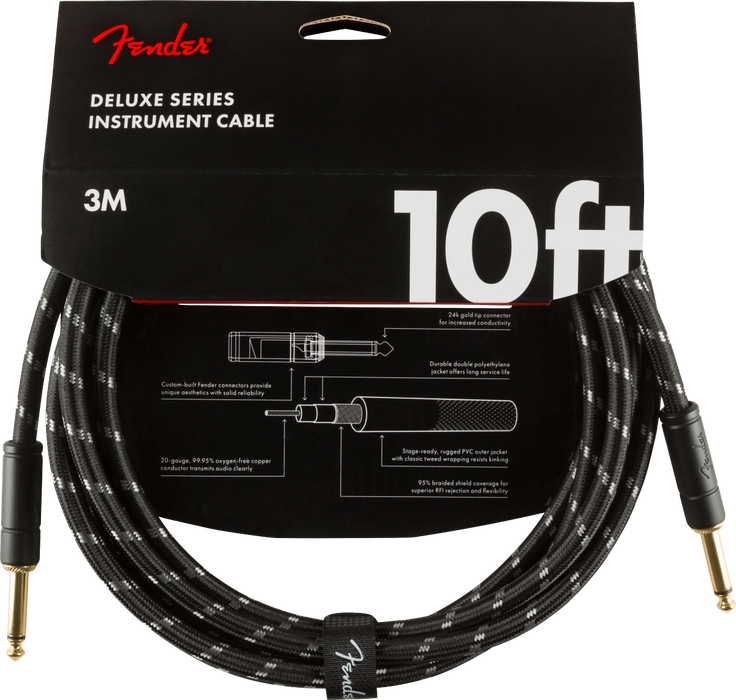 Fender Deluxe Series Instrument Cable, Straight/Straight, 10' - Black Tweed