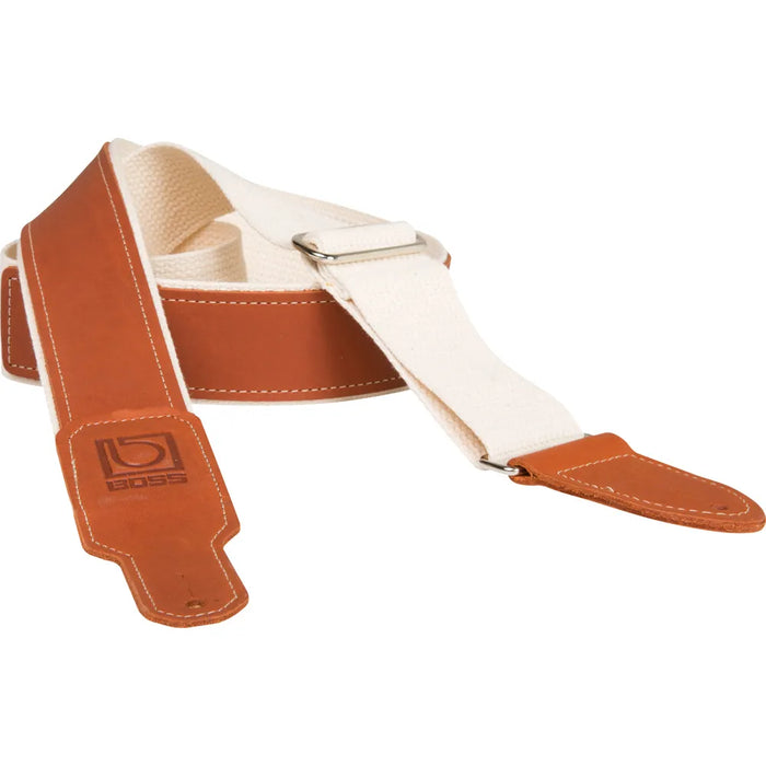 Boss 2" natural cotton with brown leather hybrid guitar strap