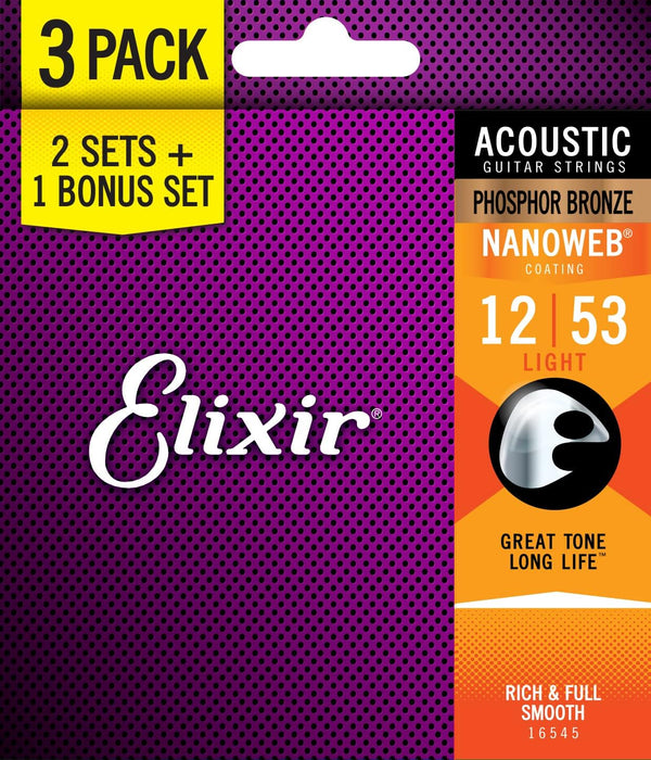 ELIXIR Nanoweb Coated Phosphor Bronze Acoustic Guitar Strings (.012-.053) (2+1 Pack)