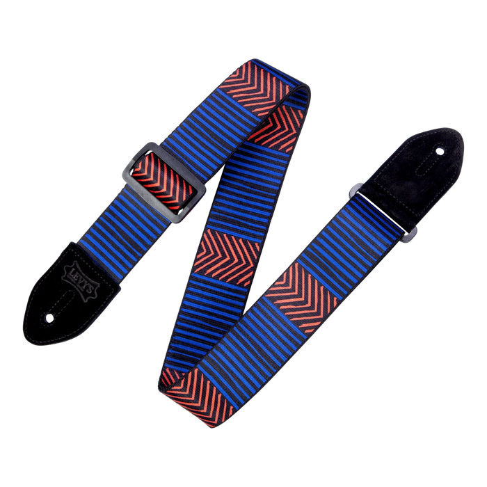 Levy's Tribal Rhythms Series 2" Wide Polyester Guitar Strap, Blue & Red Chevron