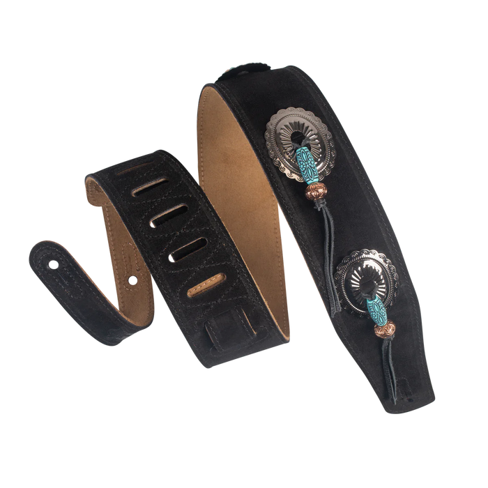 Levy's Grand Mesa Series 2 1/2" Wide Guitar Strap, Black with Turquoise Tassels