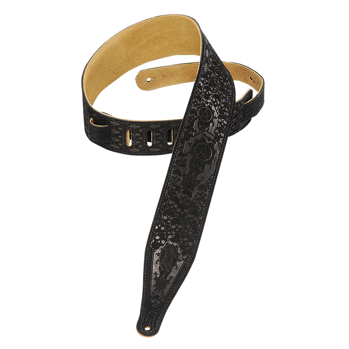 Levy's Embossed Suede Series 2 1/2" Wide Guitar Strap, Black Skulls