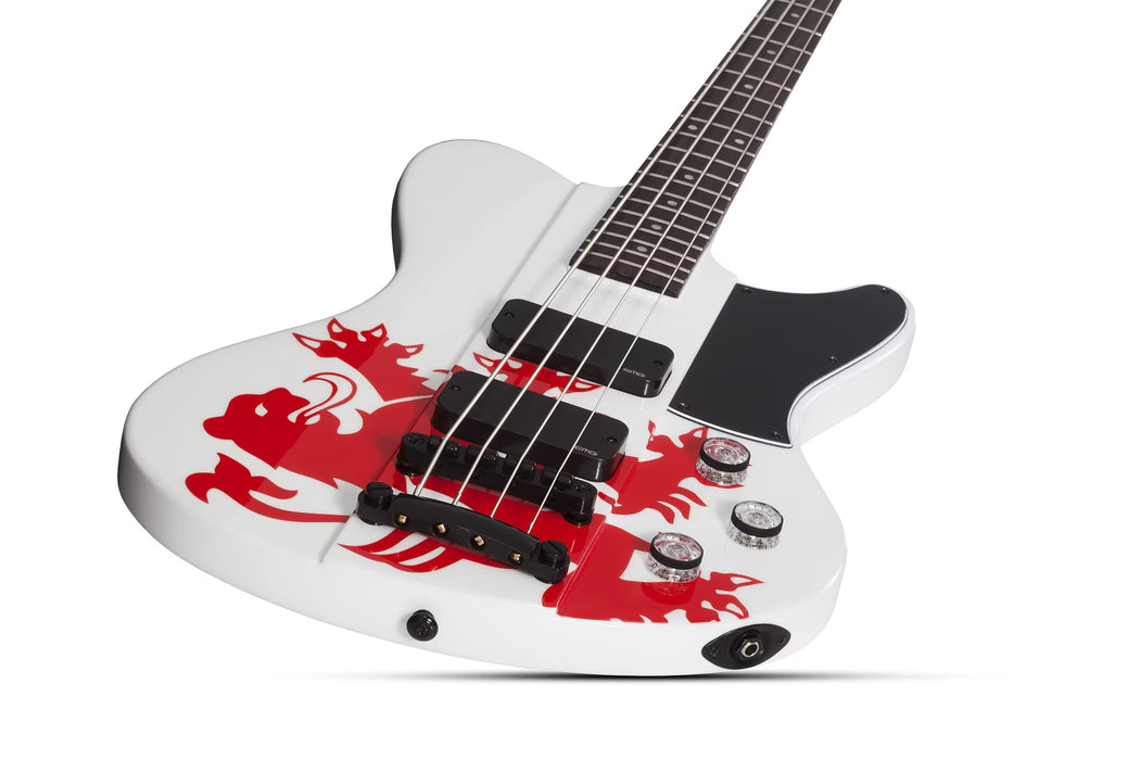 Schecter Simon Gallup Ultra Spitfire Electric Bass, Gloss White w/Red Lion Graphic