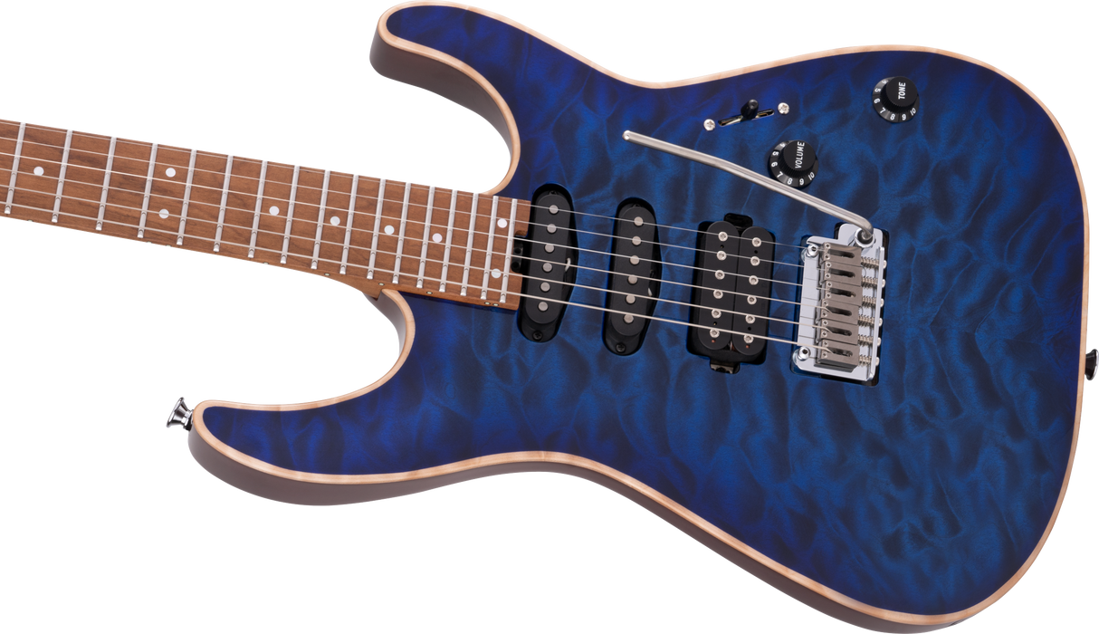 Charvel USA Select DK24 HSS 2PT CM QM, Caramelized Maple Fingerboard, Blue Burst