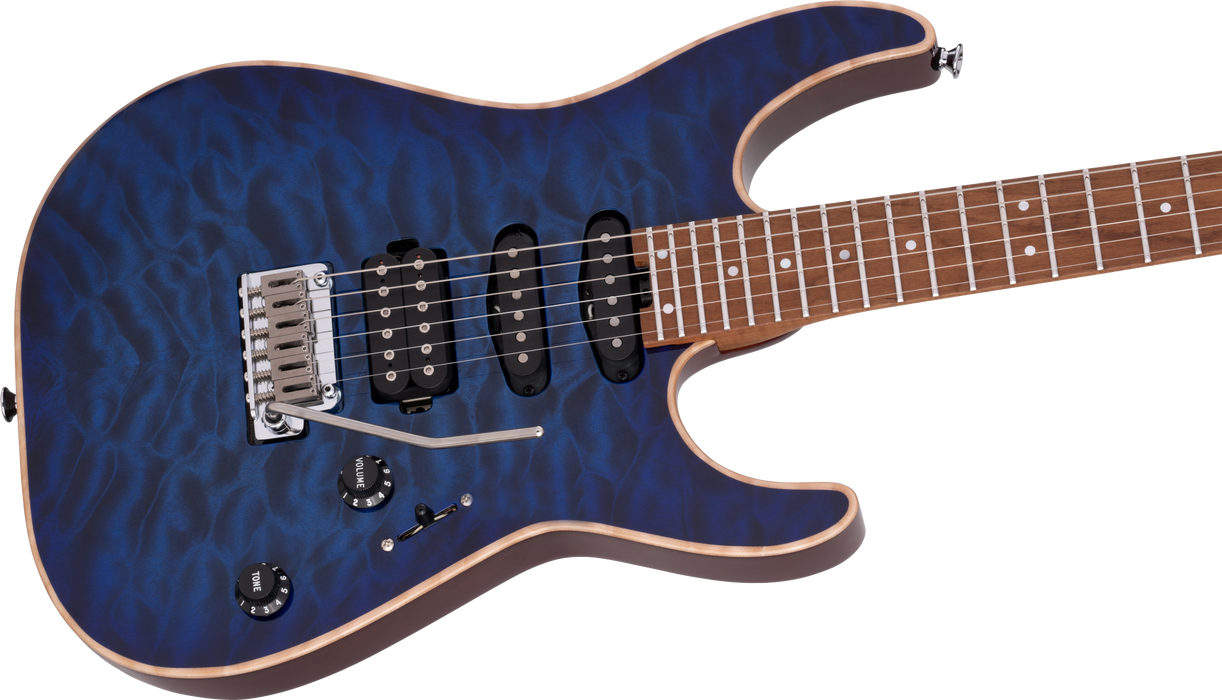 Charvel USA Select DK24 HSS 2PT CM QM, Caramelized Maple Fingerboard, Blue Burst