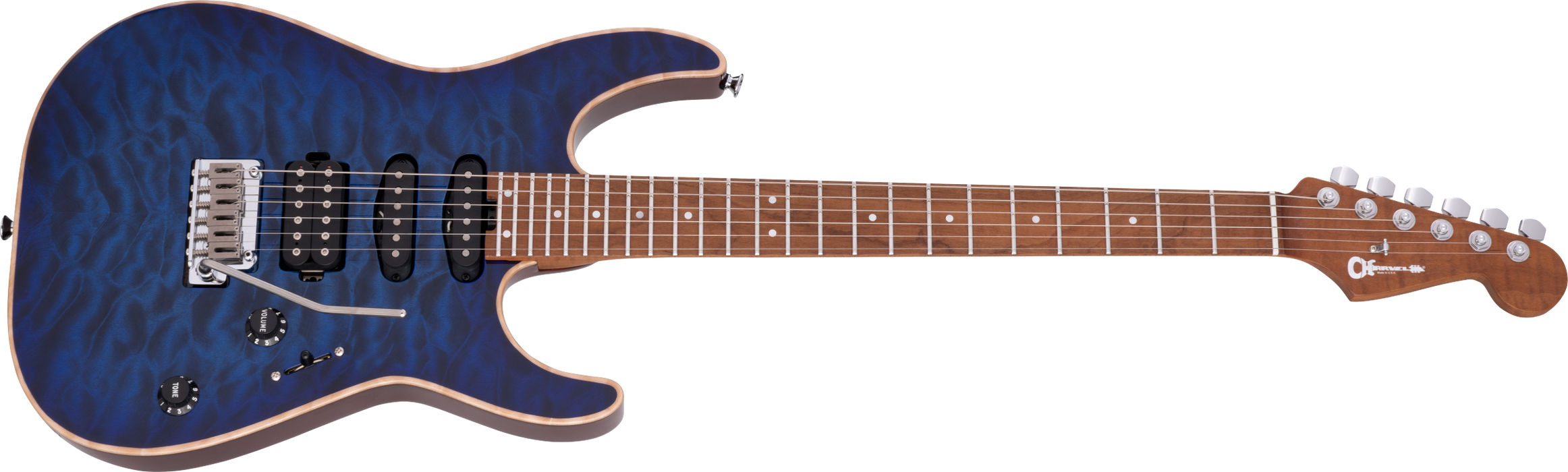 Charvel USA Select DK24 HSS 2PT CM QM, Caramelized Maple Fingerboard, Blue Burst