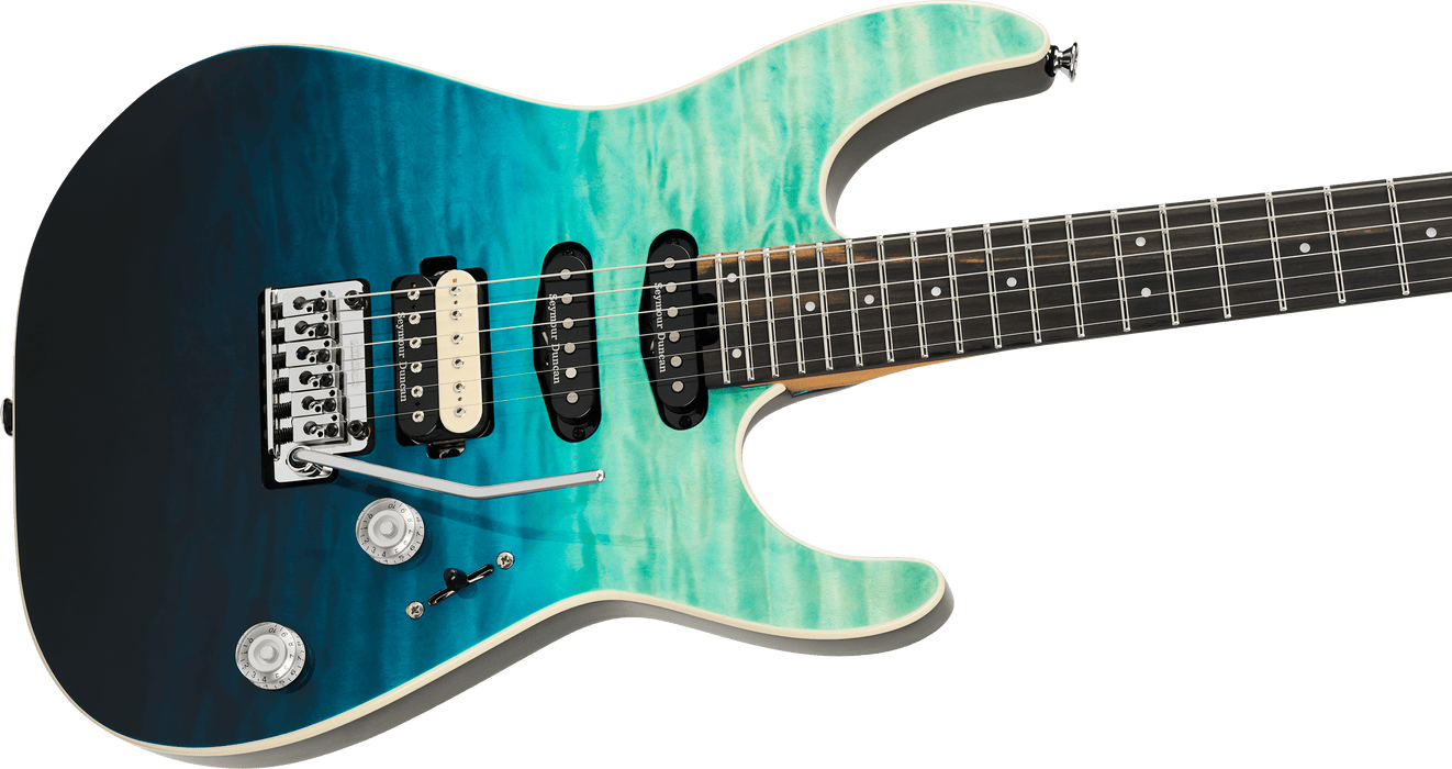 Charvel Pro-Mod Plus Dinky DK24 HSS 2PT EB QM, Ebony Fingerboard, Blue Curaçao