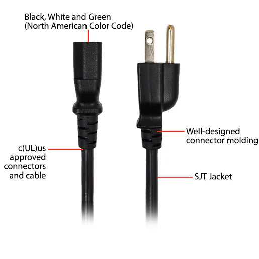 6 FEET - NEMA 5-15P to IEC C13 Power Cable - SJT