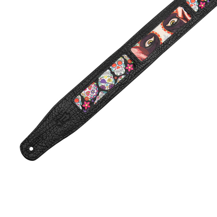Levy's Calaca Leather Series Calaca Black Leather 25"Strap, Colorful Eyes