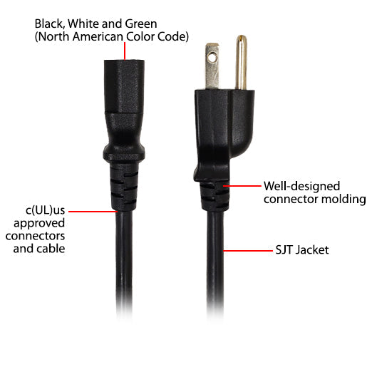 10 FEET - NEMA 5-15P to IEC C13 Power Cable - SJT