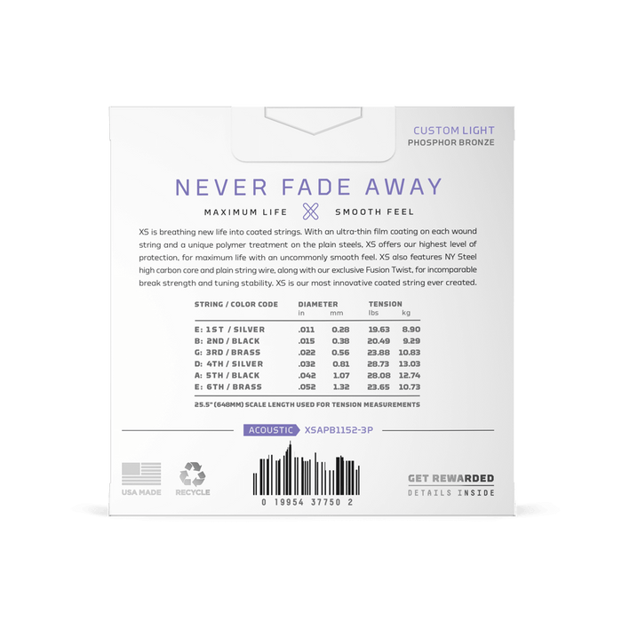 D'Addario XSAPB1152-3P 3-Pack XS Phosphor Bronze Acoustic Guitar Strings Custom Light 11-52