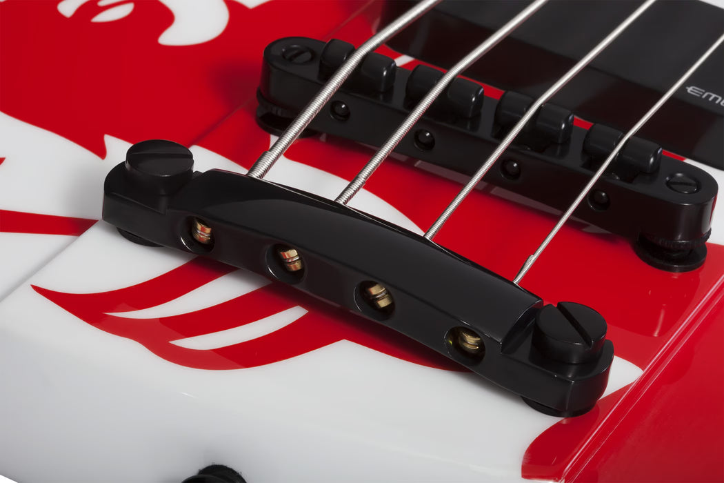 Schecter Simon Gallup Ultra Spitfire Electric Bass, Gloss White w/Red Lion Graphic