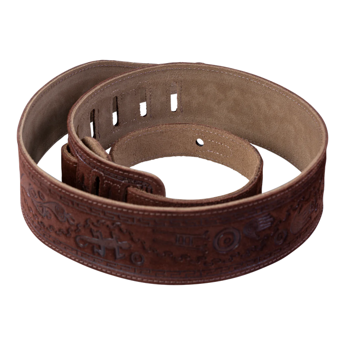 Levy's Embossed Suede Series 2 1/2" Wide Guitar Strap, Brown Kokopelli