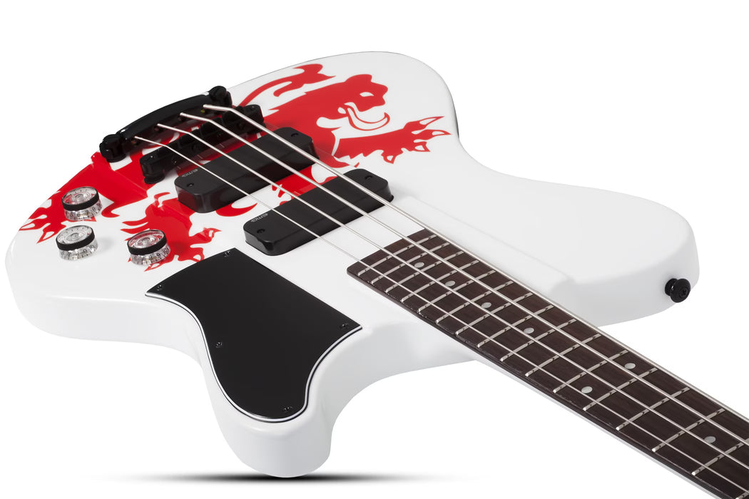 Schecter Simon Gallup Ultra Spitfire Electric Bass, Gloss White w/Red Lion Graphic