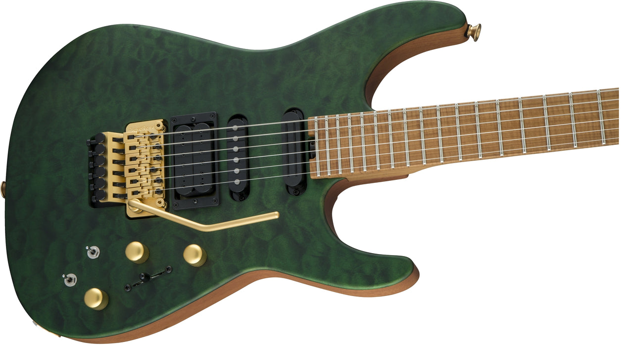 Jackson USA Signature Phil Collen PC1 Satin Stain, Caramelized Flame Maple Fingerboard, Satin Transparent Green