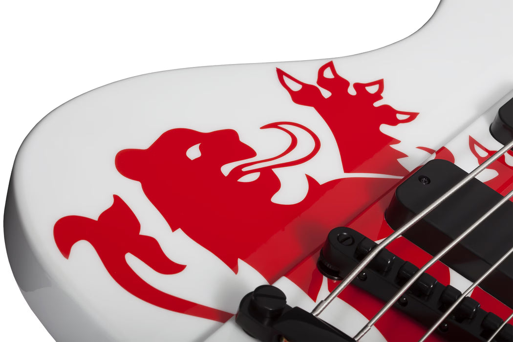 Schecter Simon Gallup Ultra Spitfire Electric Bass, Gloss White w/Red Lion Graphic