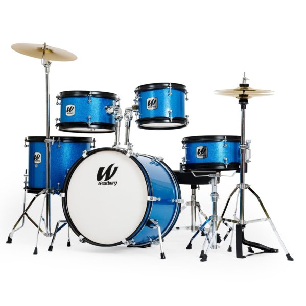 Westbury 5-Piece Junior Drum Set w/Complete Hardware, Cymbals & Throne, Blue Sparkle Finish