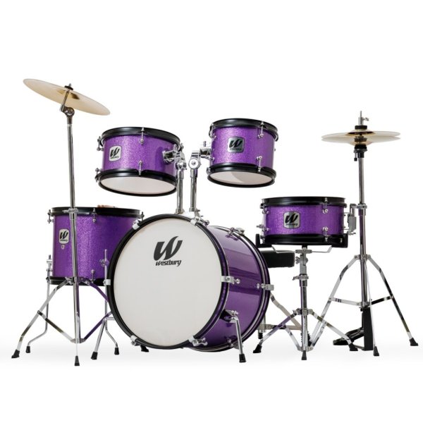 Westbury 5-Piece Junior Drum Set w/Complete Hardware, Cymbals & Throne, Purple Sparkle Finish