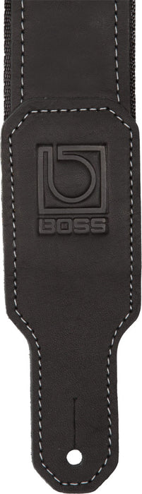 Boss 2" black seatbelt with black leather hybrid guitar strap