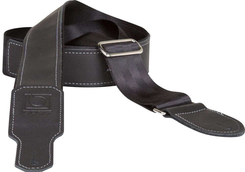 Boss 2" black seatbelt with black leather hybrid guitar strap