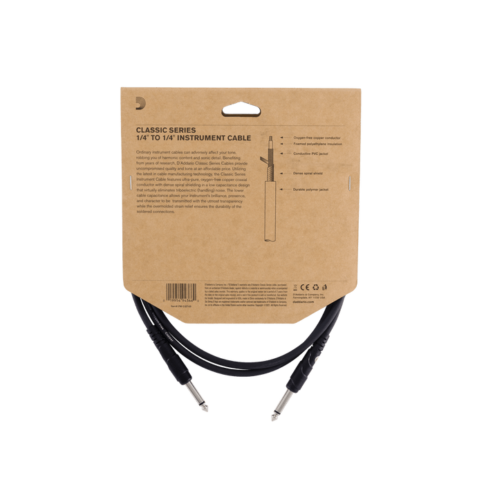 D'Addario Classic Series Instrument Cable 10ft 1/4 Straight to 1/4 Straight