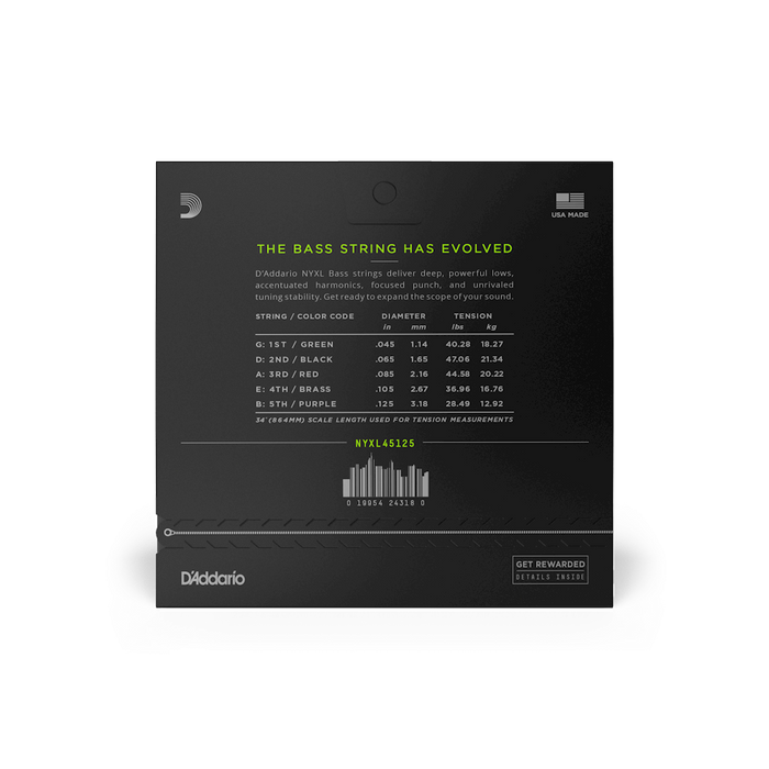 D'Addario NYXL 5-String Bass Set, Long Scale, Light Top/Medium Bottom - 45-125