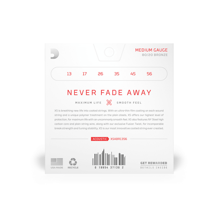 D'Addario XS Coated 80/20 Bronze Acoustic Guitar Strings - 13-56 Medium