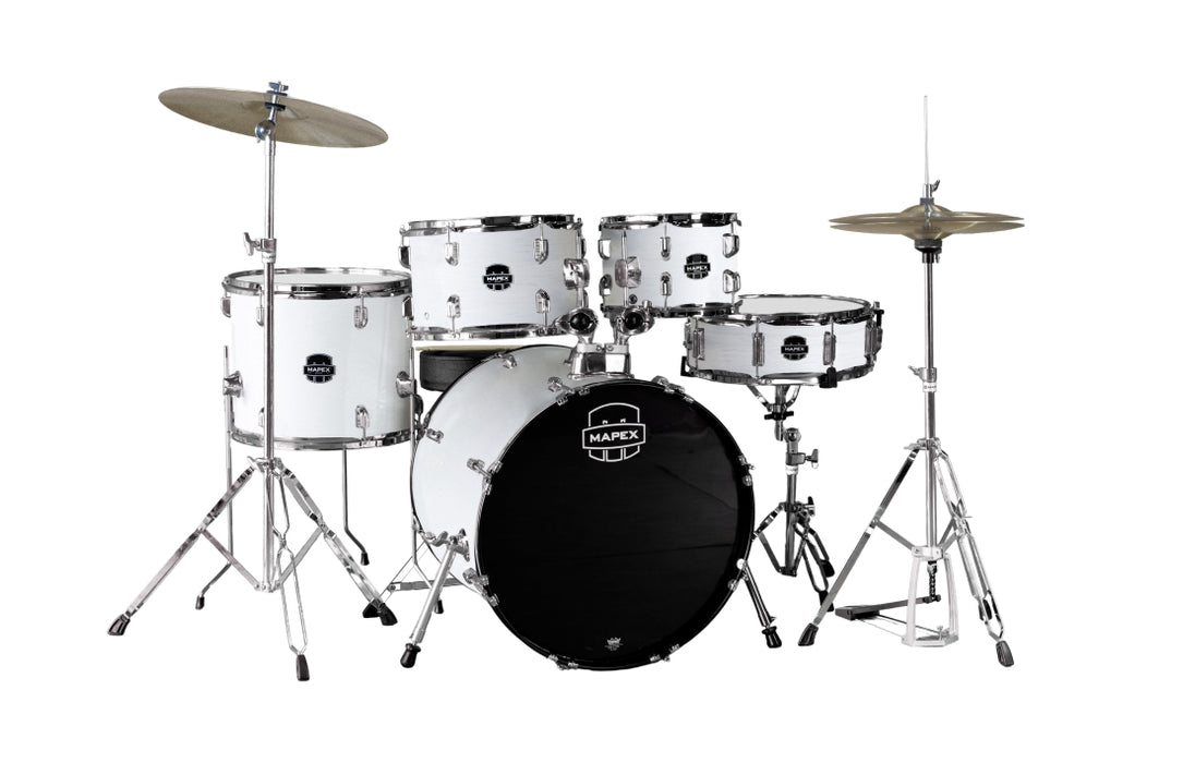 Mapex Comet 5-Piece Drum Kit (22,10,12,16,SD) w/Cymbals and Hardware, Thin White Grain