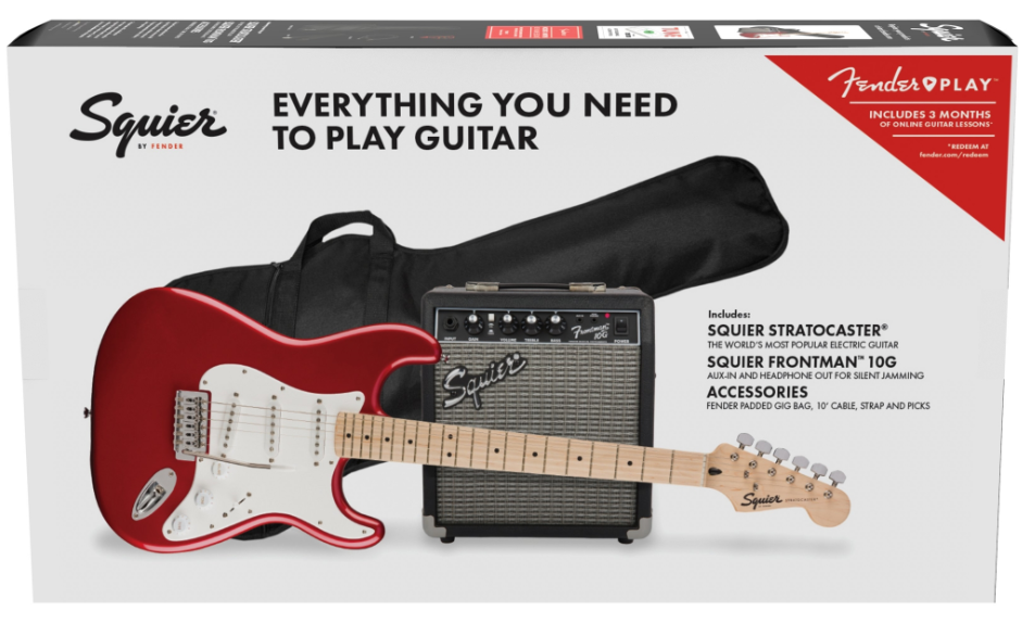 Squier FSR Stratocaster Pack, Maple Fingerboard, Candy Apple Red, Gig Bag, Frontman 10G - 120V