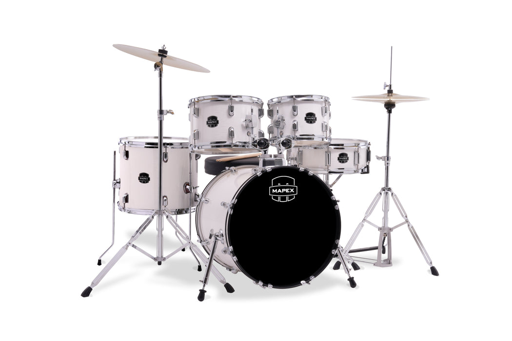 Mapex Comet 5-Piece Drum Kit (18,10,12,14,SD) w/Cymbals and Hardware, Thin White Grain