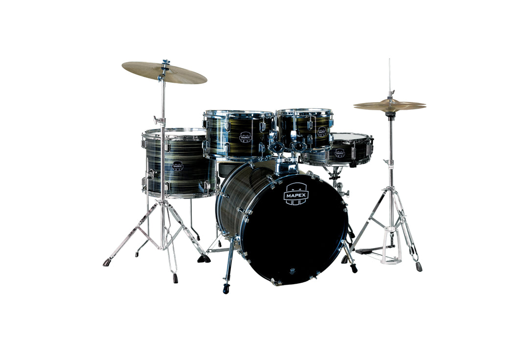 Mapex Comet 5-Piece Drum Kit (18,10,12,14,SD) w/Cymbals and Hardware, Ebony Yellow Grain