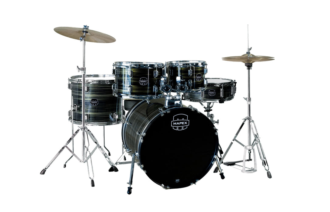 Mapex Comet 5-Piece Drum Kit (22,10,12,14,SD) w/Cymbals and Hardware, Ebony Yellow Grain