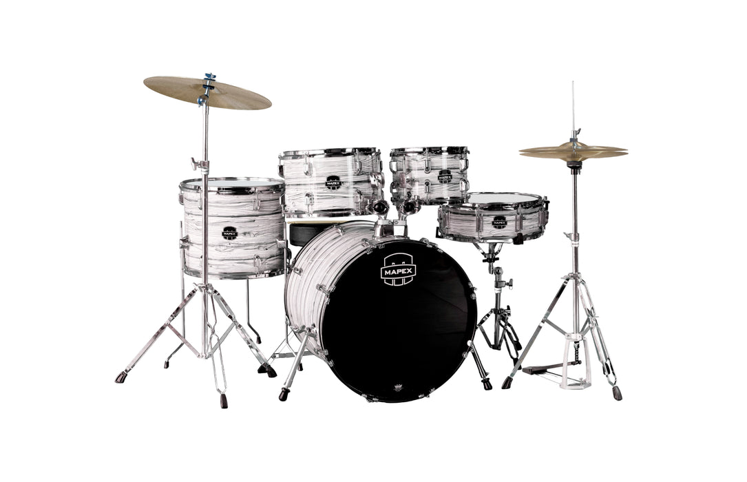 Mapex Comet 5-Piece Drum Kit (20,10,12,14,SD) with Cymbals and Hardware, White Marble