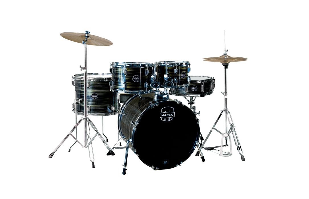 Mapex Comet 5-Piece Drum Kit (20,10,12,14,SD) with Cymbals and Hardware, Ebony Yellow Grain