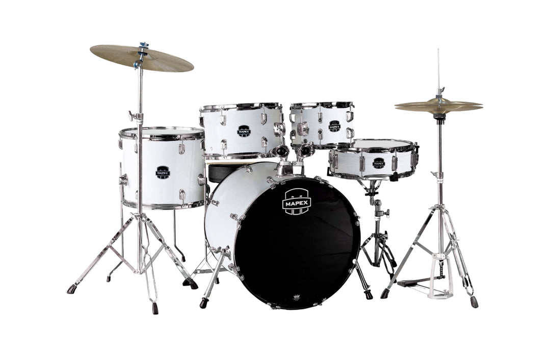 Mapex Comet 5-Piece Drum Kit (20,10,12,14,SD) with Cymbals and Hardware, Thin White Grain