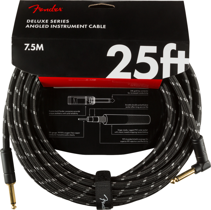 Fender Deluxe Series Instrument Cable, Straight/Angle, 25' - Black Tweed