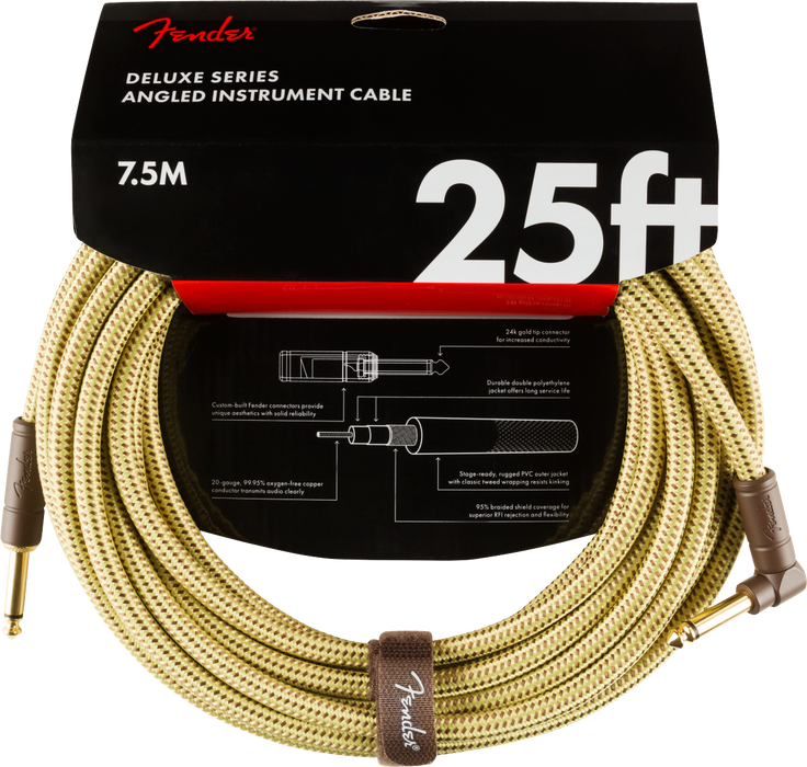 Fender Deluxe Series Instrument Cable, Straight/Angle, 25', Tweed