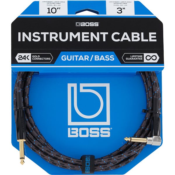 Boss 10ft / 3m Instrument Cable, Angled/Straight 1/4" jack